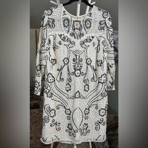 EUC Shail K Beaded 3/4 Sleeve Black/White Dress One of a Kind Lined Stunning!